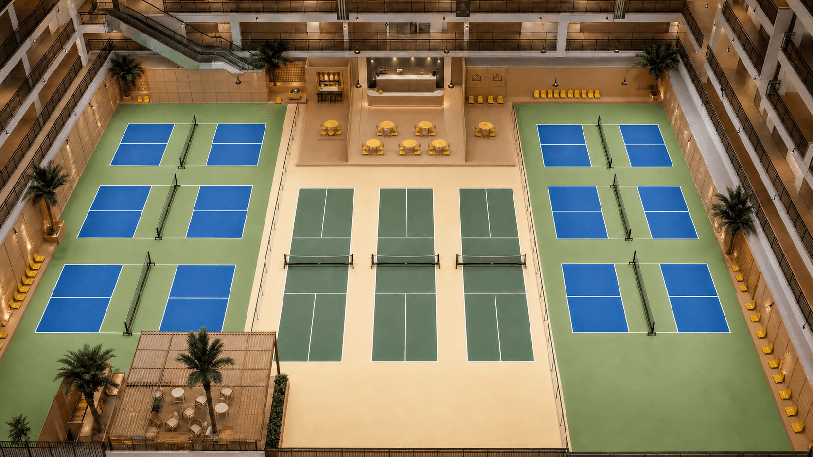 Floor plan of Pickle Land's nine indoor pickleball courts, PPA PRO VIP 1-3 and PPA VIP 4-9